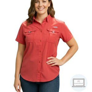 Columbia Womens PFG Bahama Short Sleeve Shirt Reddish-Orange Vented Cape Size L